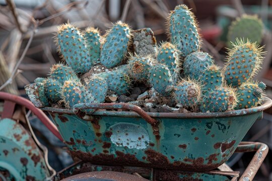 Opuntia cactus thrives in a rusty wheelbarrow, adding a touch of life to a desolate scene of forgotten machinery and neglect