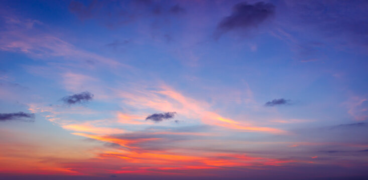 Beautiful sky with clouds at sunset. Panoramic view.