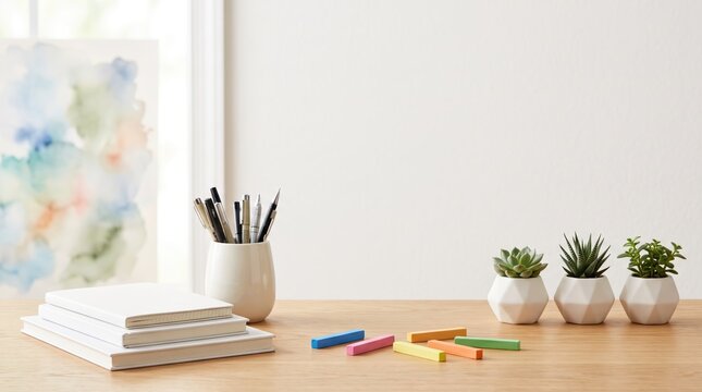 A serene workspace with books, pencils, and potted plants on a wooden desk indoors.