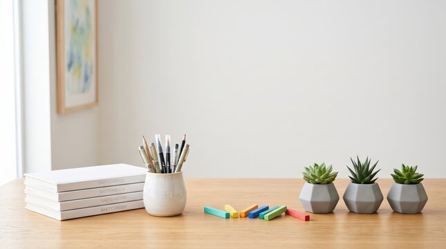 A stack of notebooks and pencils on a desk with small potted plants and crayons nearby indoors.