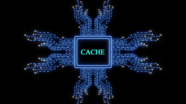 Digital cache memory concept with glowing blue circuit board processor animation on black background