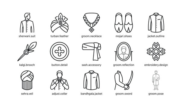 Groom attire icons showing traditional garments and accessories