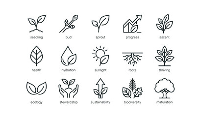 Fototapeta premium Growth and ecology icons illustrating plant development stages on white