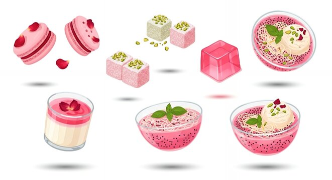 Delicious pink rose flavored sweet dessert set with macarons, lokum, falooda ice cream and creamy pudding on white.