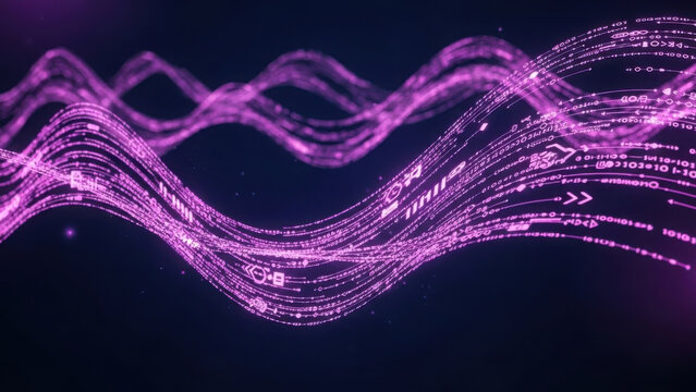 Purple digital wave with binary code and symbols flowing through a dark background.