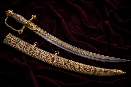 An ornate curved sword with a gem-encrusted scabbard on dark velvet.