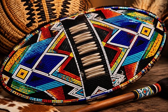 Traditional Zulu shield with vibrant, symmetrical beadwork, cultural artifact.