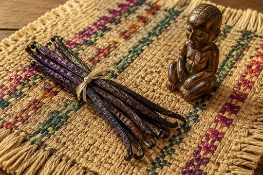 A handwoven raffia table mat with vanilla pods and a wooden carving.