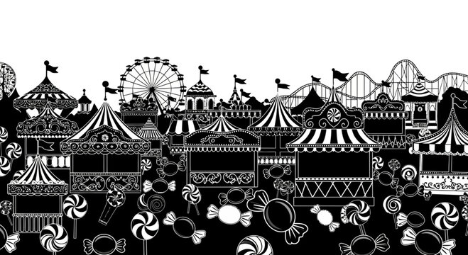 Black and white illustration of a festive carnival scene with rides and candy.
