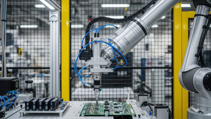 Naklejka premium Roboticarmassemblingcircuitboardsinelectronicmanufacturingfacilitywithprecisioncomponents.