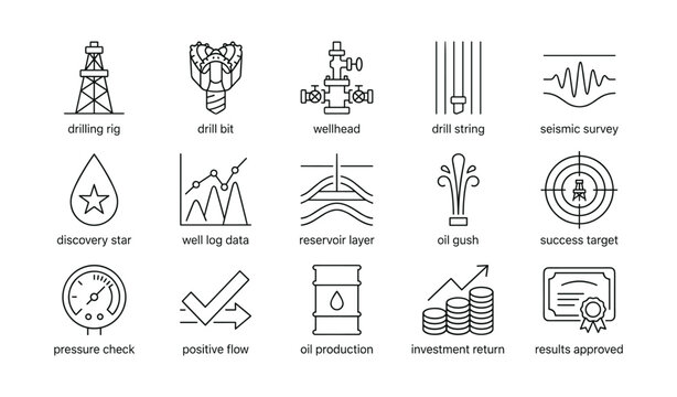 Oil industry icons showing drilling equipment and metrics