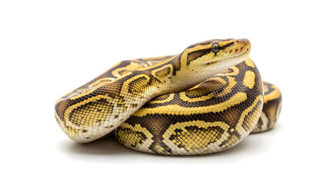 Ball python snake coiled on pure white background