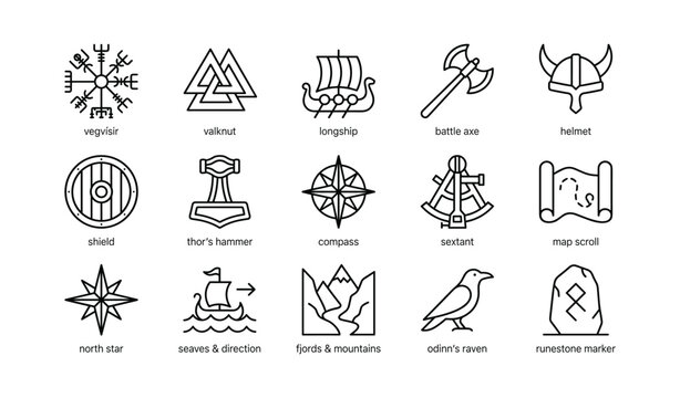 Norse and navigation icons arranged in labeled grid on white