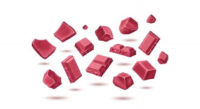 Flying ruby pink chocolate chunks and broken aerated bar pieces levitating on a white background