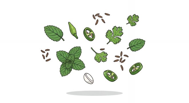 Vibrant Illustration of Falling Fresh Green Herbs and Spices Including Mint Cilantro Jalapeno Peppers and Cumin Seeds