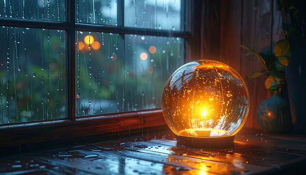 Glowing orb on a windowsill with rain drops and blurred background