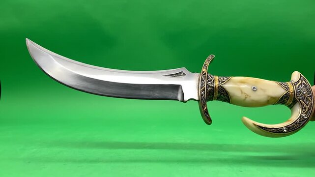 Ornate antique curved dagger with ivory handle on green