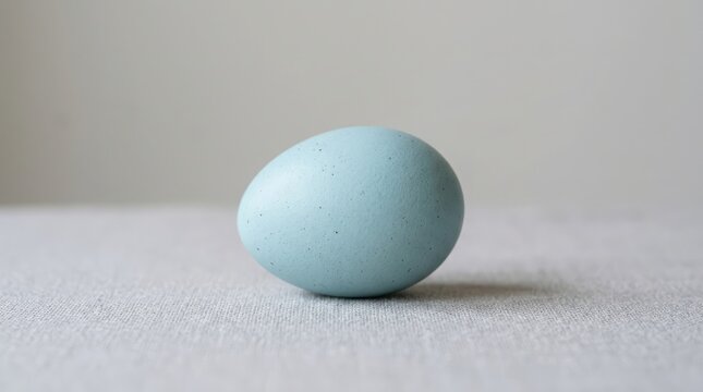 A single blue egg sits on a flat surface indoors.