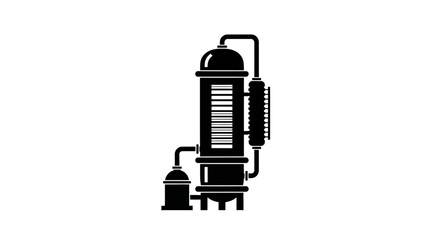Industrial distillation tower stands as a central component of this chemical processing facility schematic. © berkah