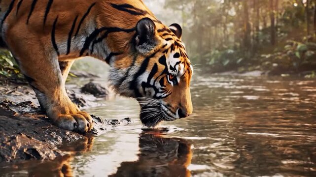 A majestic tiger prowls through a dense tropical jungle
