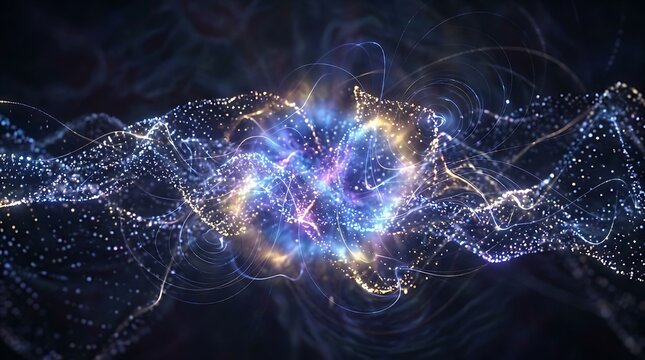 Abstract energy waves with glowing gold and blue particles