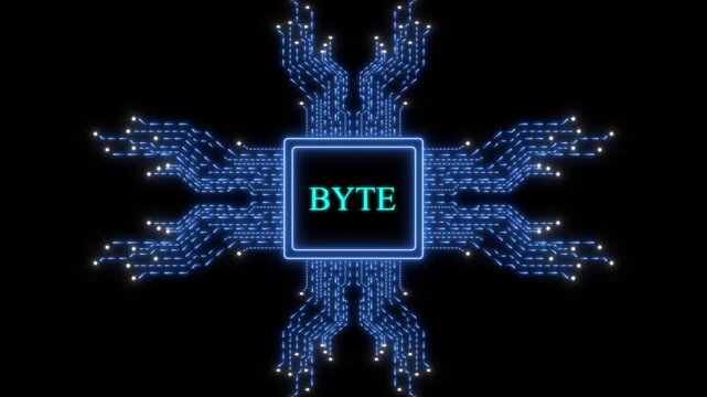 Digital byte processor animation: glowing neon circuit board cpu concept for high-tech data computing and cyber security background
