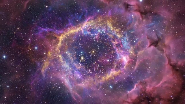 Space nebula deep space cinematic loop, vivid purple blue gold pink nebula cloud with stars slow zoom, cosmic footage, seamless space loop for science music inspirational brand video content.