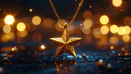 Golden star pendant necklace illuminated against bokeh background
