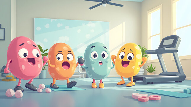  funny candy characters working out in a bright gym with a treadmill, weights, and yoga mats