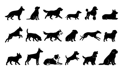Obraz premium Black Dog Silhouette Collection with Running Sitting Standing Jumping and Lying Poses Isolated Vector Set