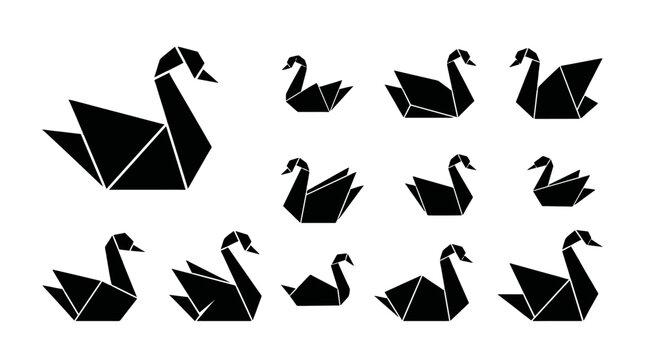 Set of black origami swan silhouettes on white background