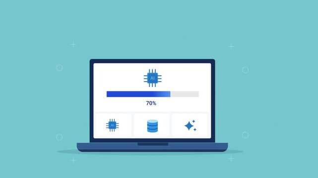 Modern flat vector animation of a laptop displaying a processor performance dashboard with chip icon, progress bar, and system interface. Ideal for computing, software, hardware, and web technology pr