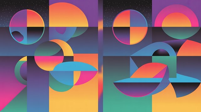 Colorful geometric abstract pixel art design with circles and shapes