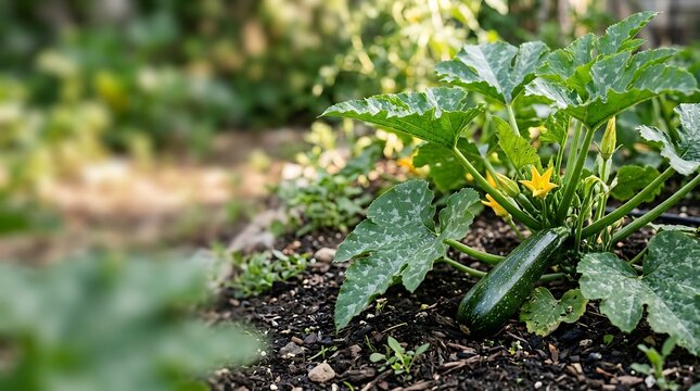 Zucchini plant growing in a vegetable garden with yellow flowers
