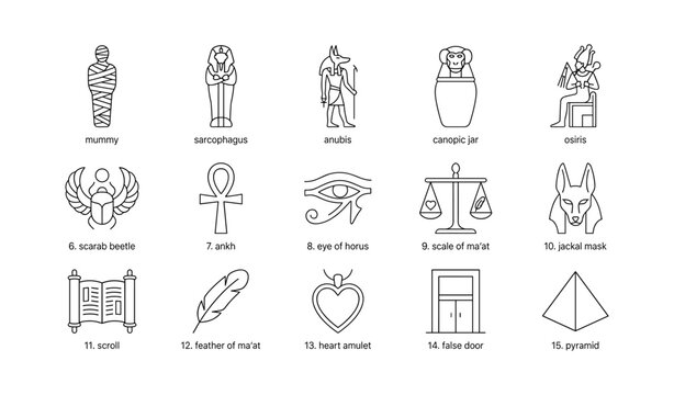 Egyptian funerary symbols arranged in a grid on white background