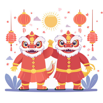 Cartoon Lion Dance Costume with Lanterns and Sun