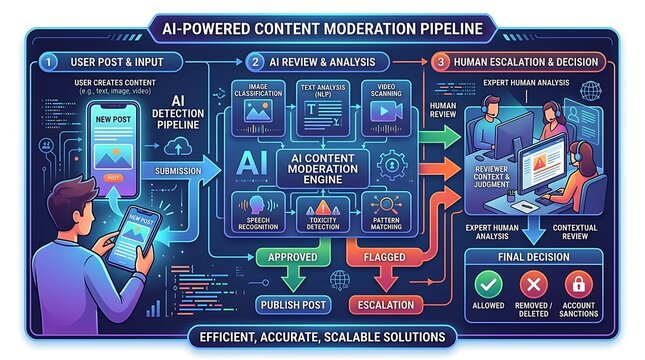 Ai powered content moderation pipeline infographic for digital safety