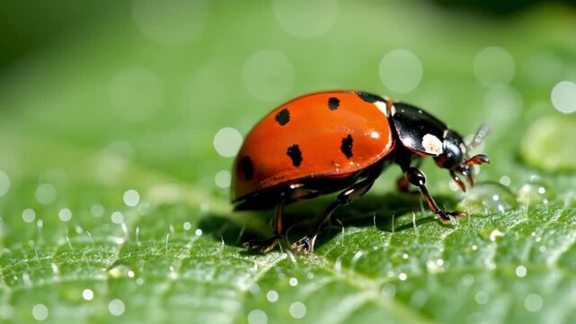 Close-up of ladybug crawling on green leaf in nature during sunny day