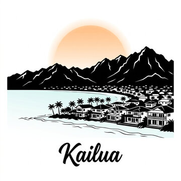 Kailua Skyline Silhouette &mdash; A Hawaiian Beach and Mountain Community Vector Illustration