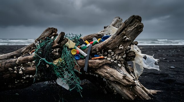 A detailed macro shot of a weathered piece of driftwood entangled with marine plastic debris on a dark sandy beach.