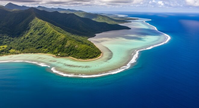 Stunning Aerial View of Lush Tropical Mountains and Turquoise Coral Reef Lagoon in Vanuatu, South Pacific