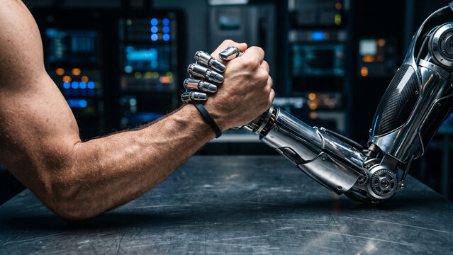 Close-up of a human and a cyborg locked in an arm wrestling match. Artificial intelligence and innovative technology competition with human factor concept