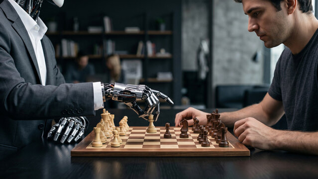 Man playing chess against a corporate business cyborg. Technocracy global power and public opinion confrontation concept