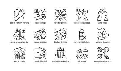 Fototapeta premium Environmental hazard icons illustrating ecological threats on white