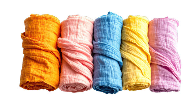 Five Vibrant Soft Cotton Muslin Swaddle Cloths Rolled Up in a Colorful Row Isolated on a Pure White Background