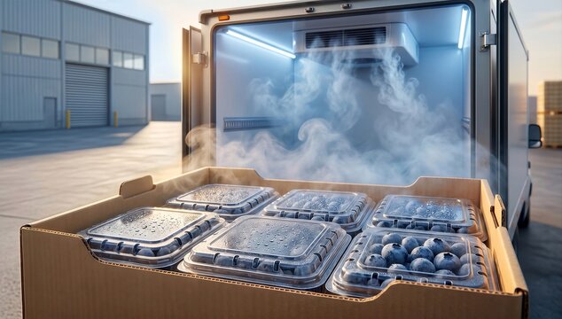 Fresh blueberries in retail clamshell containers ready for refrigerated cold chain transport at warehouse loading dock
