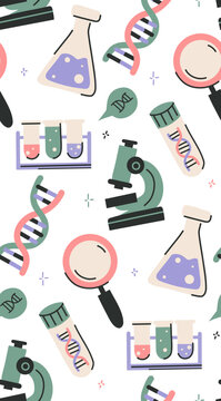 Vector seamless pattern DNA research. Texture of scientific research and exploration. Background with laboratory equipment