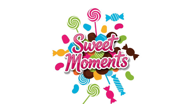 Colorful candy logo design with Sweet Moments text and assorted sweets.
