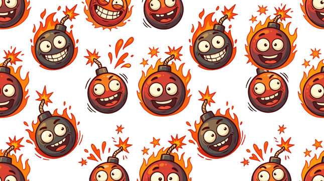 Seamless pattern of cartoon flaming bomb characters