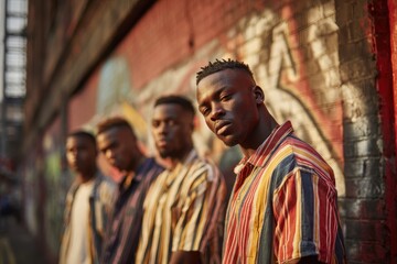 Fototapeta premium Urban scene with men wearing striped tops turning to face the camera